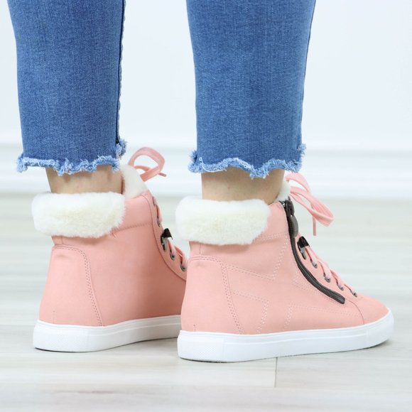 Pink Fashion High Tops Sneakers Shoes Fuzzy Ankle - Picture 5 of 11